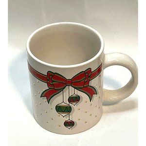 1991 Christmas Holiday ceramic coffee mug 4" cup ornaments bow J.I.I.